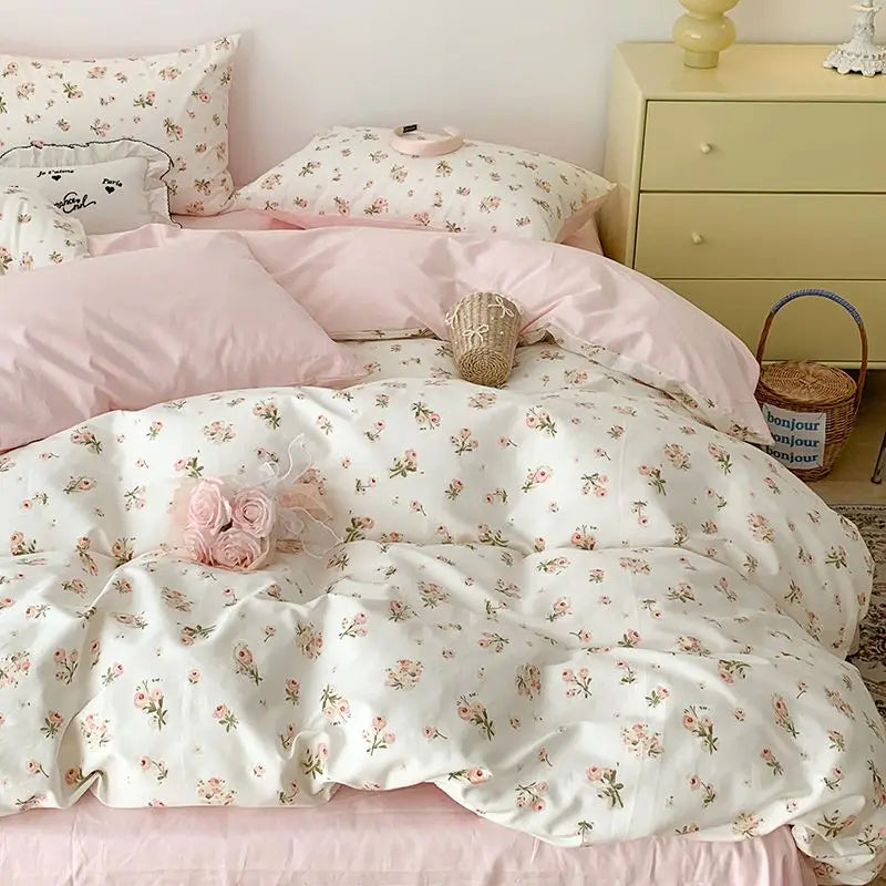 Pink Floral Boho Bedding Set – Soft Microfiber Duvet Cover, Flat Sheet & Pillowcases