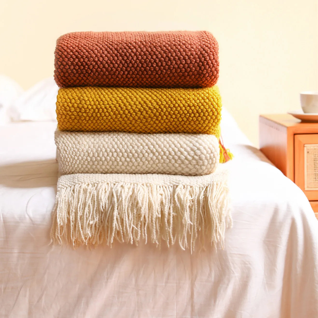 Cozy Knitted Waffle Throw Blanket – Soft Boho Home Decor with Tassels