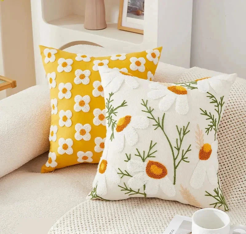 Canvas Floral Embroidered Cushion Cover Cotton Countryside Pillow Case for Living Room Luxury Home Decor Boho Flowers