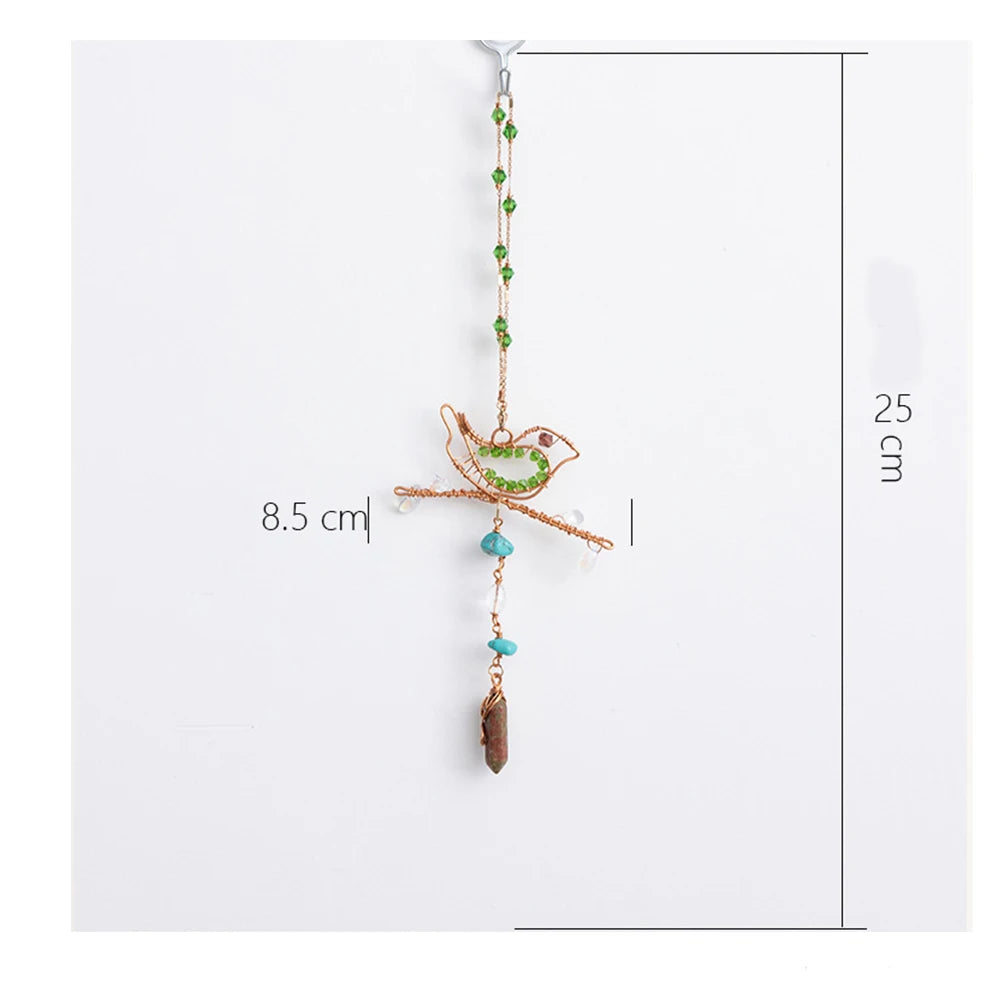 Decorative hanging bird ornament with measurements on a white background boho home decor, crystal wind chime, sun catcher for windows, moon prism chime, agate stone hanging, garden art decor, patio hanging decoration, boho housewarming gift, spiritual gift, crystal suncatcher, balcony decor, meditation decor, handmade crystal chime