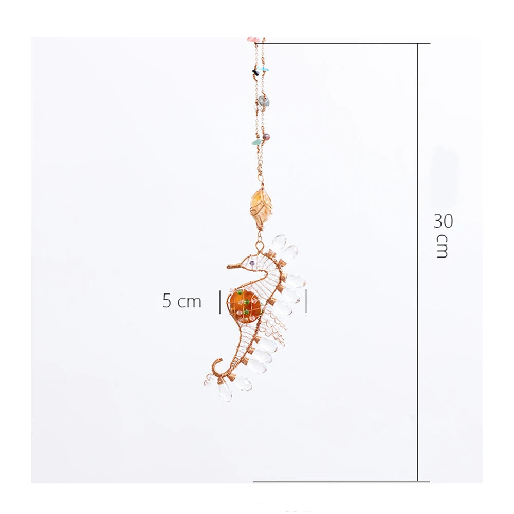 Decorative seahorse ornament with measurements on a white background boho home decor, crystal wind chime, sun catcher for windows, moon prism chime, agate stone hanging, garden art decor, patio hanging decoration, boho housewarming gift, spiritual gift, crystal suncatcher, balcony decor, meditation decor, handmade crystal chime
