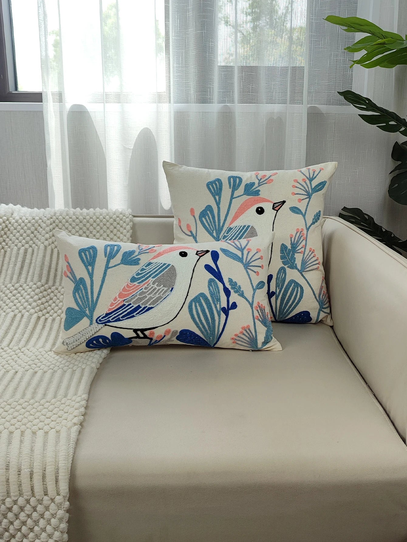 Luxury Embroidered Birds & Floral Pillow Cover – Boho Home Decor Cushion