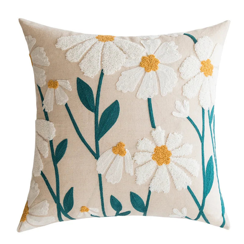 Daisy Cozy Embroidered Throw Pillow Cover – Nordic-Inspired Boho Home Decor Accent