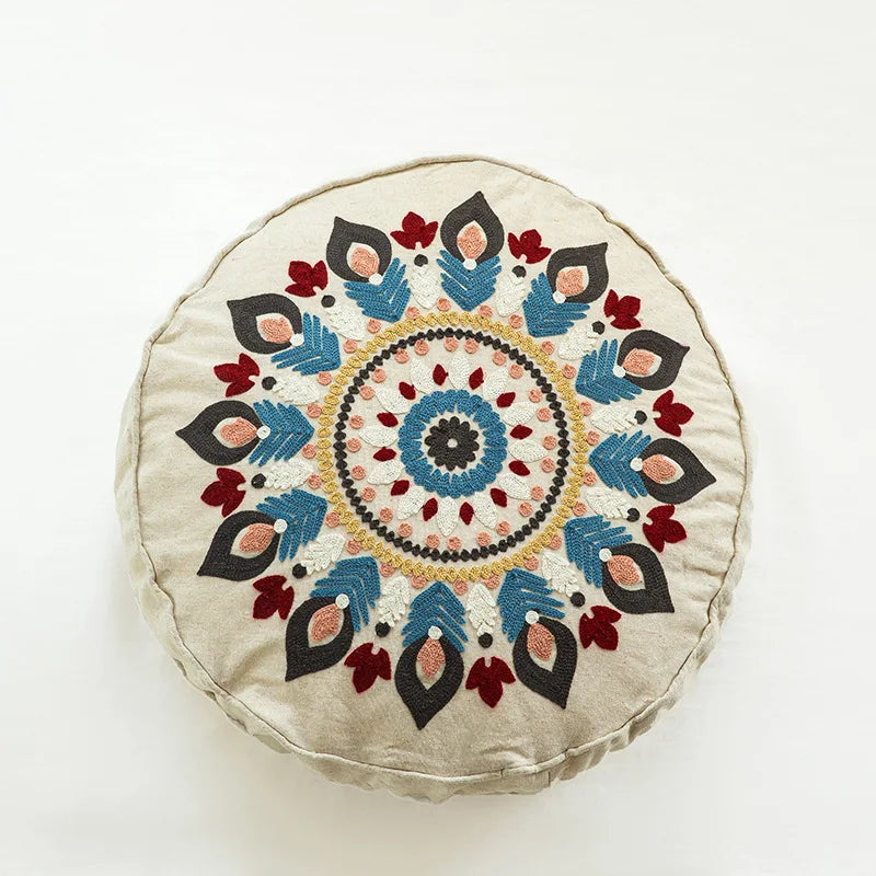 Boho Mandala Round Cushion Cover – Moroccan-Inspired Embroidered Throw Pillow Case for Boho Home Decor