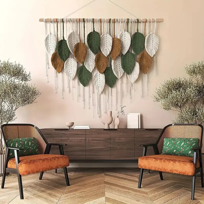 Modern living room with wooden furniture, decorative wall art, and plants.