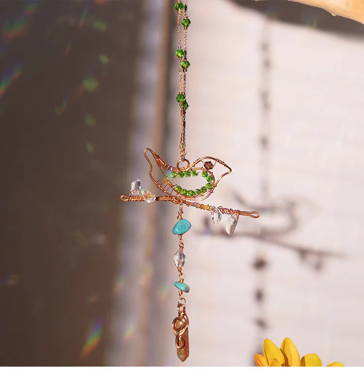 Decorative bird hanging ornament with colorful beads on a blurred background boho home decor, crystal wind chime, sun catcher for windows, moon prism chime, agate stone hanging, garden art decor, patio hanging decoration, boho housewarming gift, spiritual gift, crystal suncatcher, balcony decor, meditation decor, handmade crystal chime