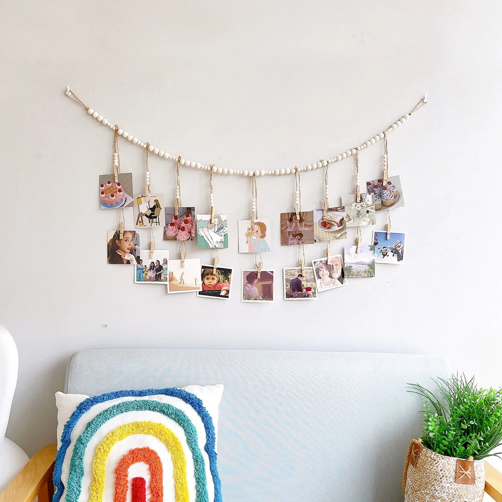 Boho Wall Hanging Photo Display with Wooden Beads & Clips – Rustic Collage Picture Holder Decor