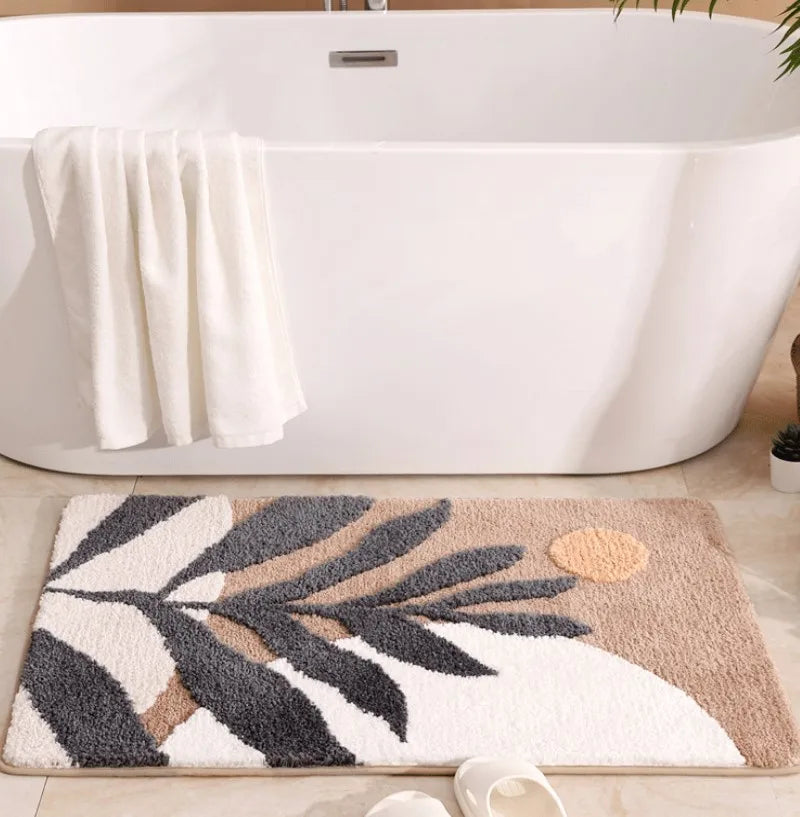 Boho Plant Art Non-Slip Bath Mat – Soft & Absorbent Bathroom Rug with Abstract Leaves