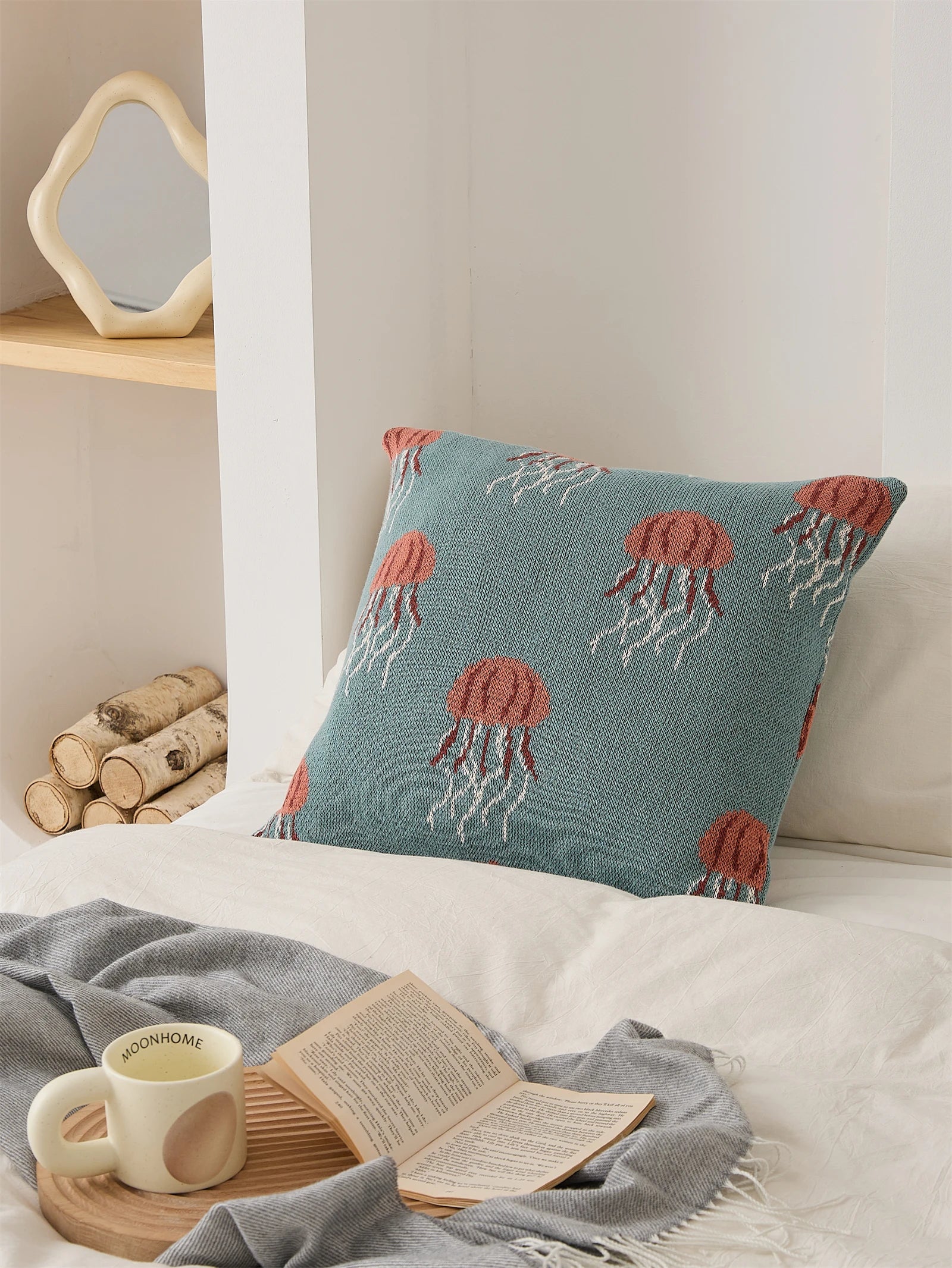 Elegant Jellyfish Embroidered Cotton Throw Pillow Cover â Ocean-Inspired Boho Home Decor Accent
