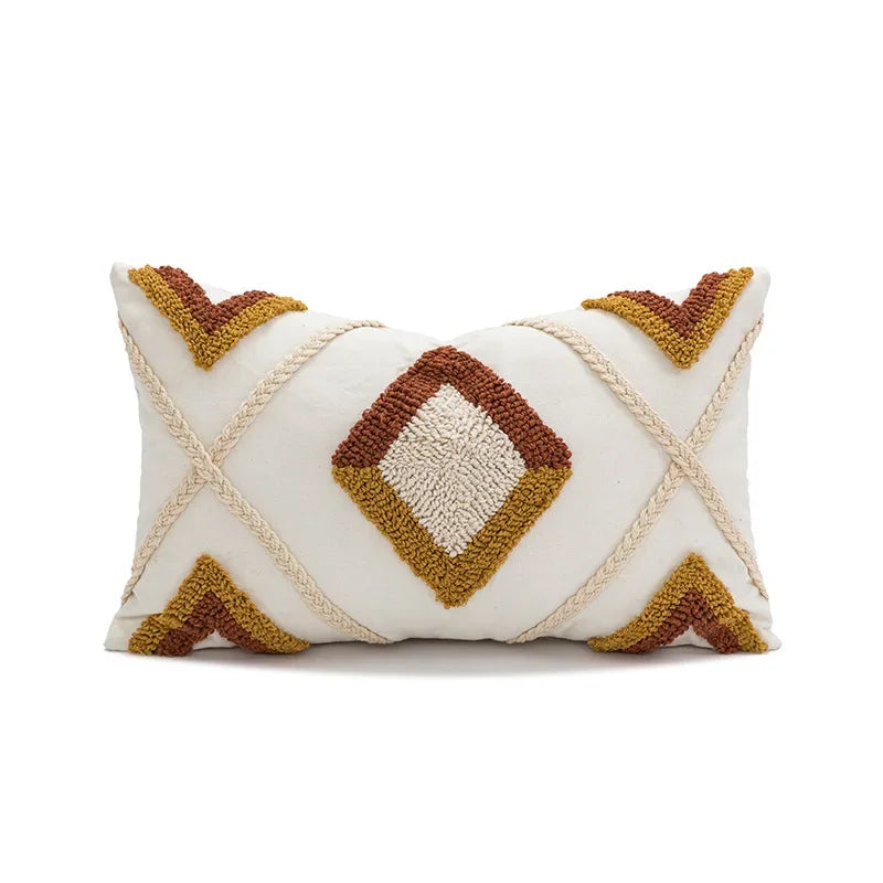Decorative pillow with geometric pattern on a white background Nordic blue tufted cushion cover with geometric stripe and grid crochet pattern, tassel pillow cover for sofa, bed, and boho home decor