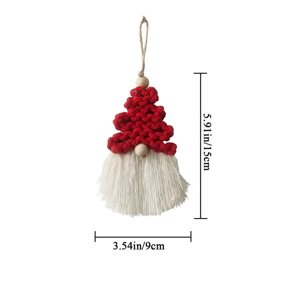 Decorative macrame gnome ornament with red hat and white beard, shown with measurements on a white background.