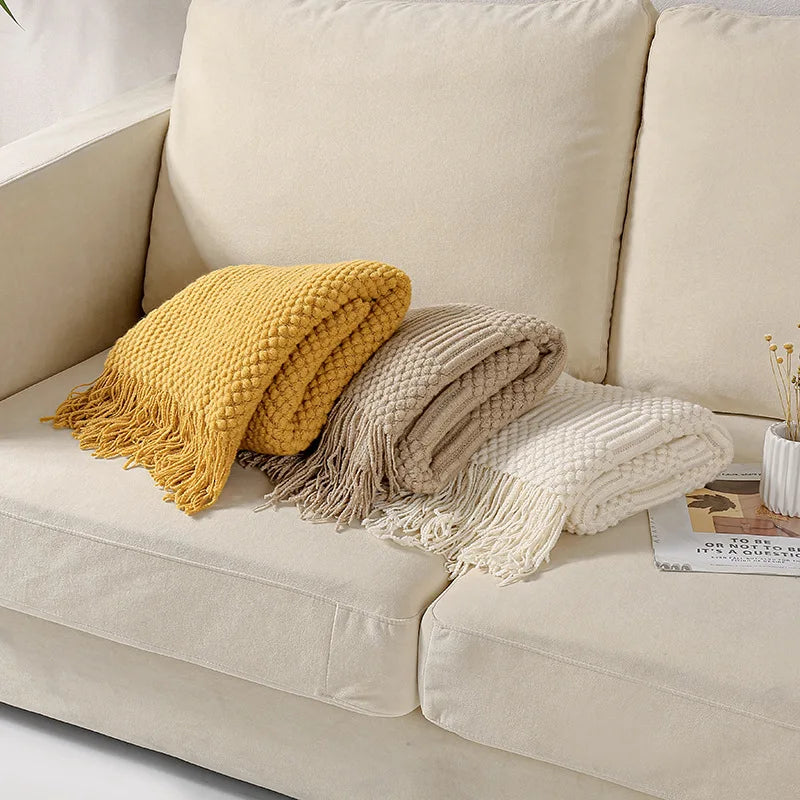 Soft Knit Boho Throw Blanket – Lightweight Acrylic Travel & Home Decor Accent with Fringe