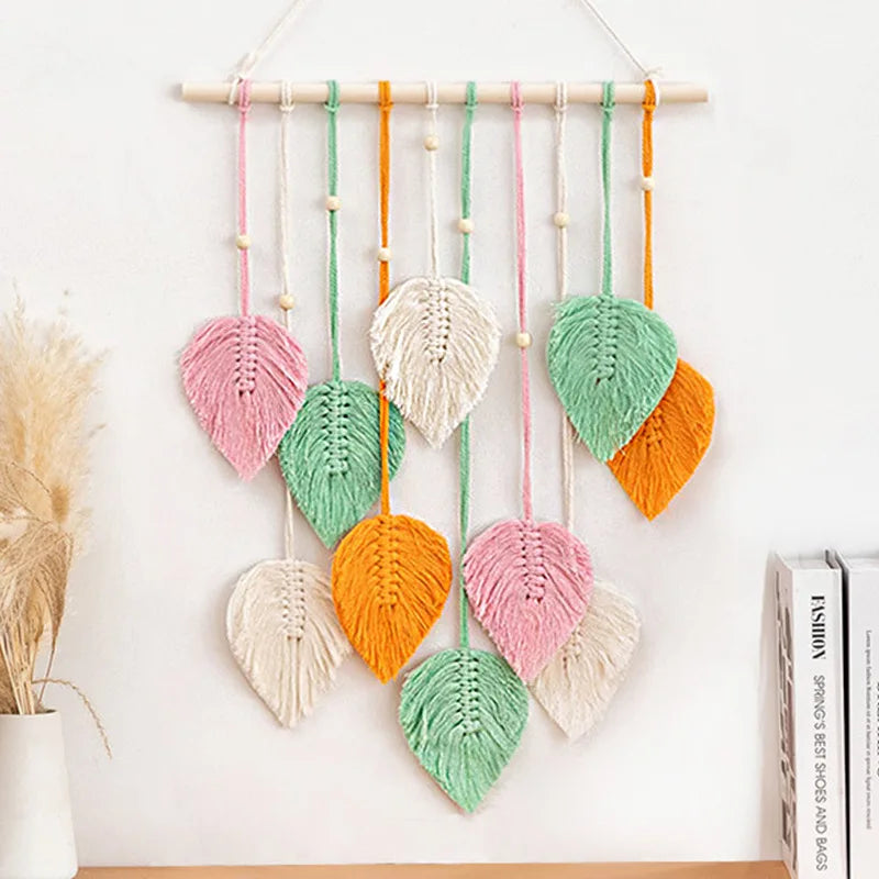 Boho Macrame Leaf Wall Hanging – Handwoven Tapestry with Wood Beads