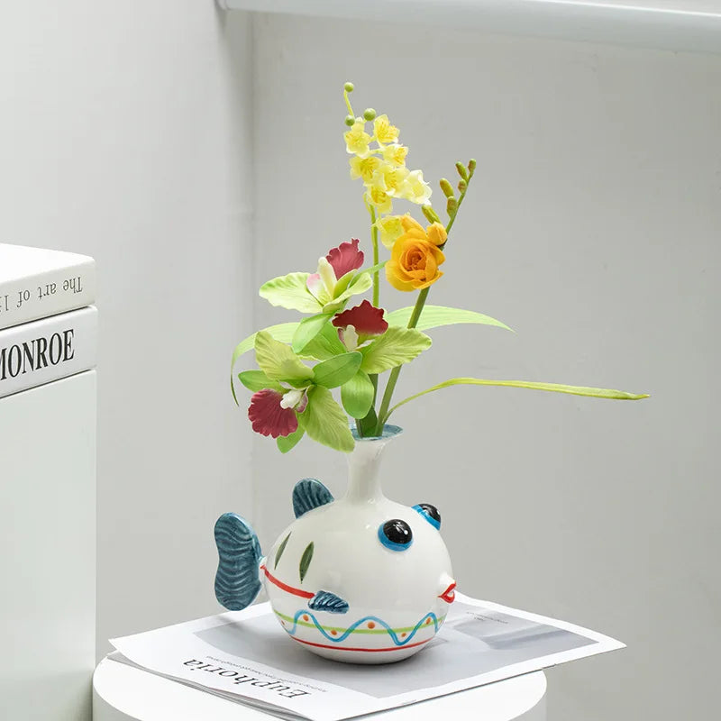 Hand-Painted Ceramic Fish Vase – Modern Boho Home Decor, Wavy Pattern, Colorful Cartoon Fish Flower Pot
