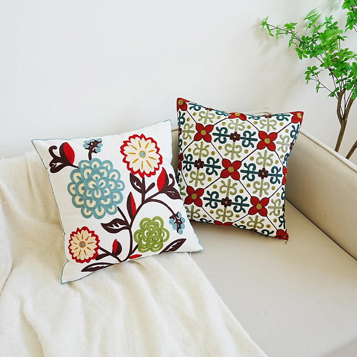Boho Home Decor Floral Embroidered Pillow Covers – Square Decorative Cushion Case for Sofa & Home