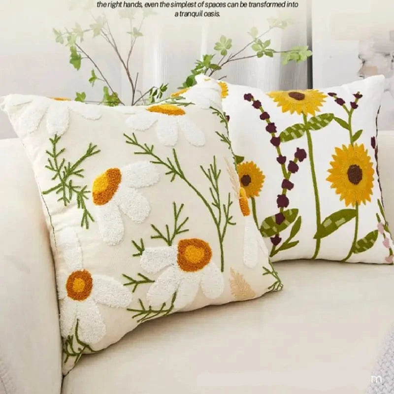 Canvas Floral Embroidered Cushion Cover Cotton Countryside Pillow Case for Living Room Luxury Home Decor Boho Flowers