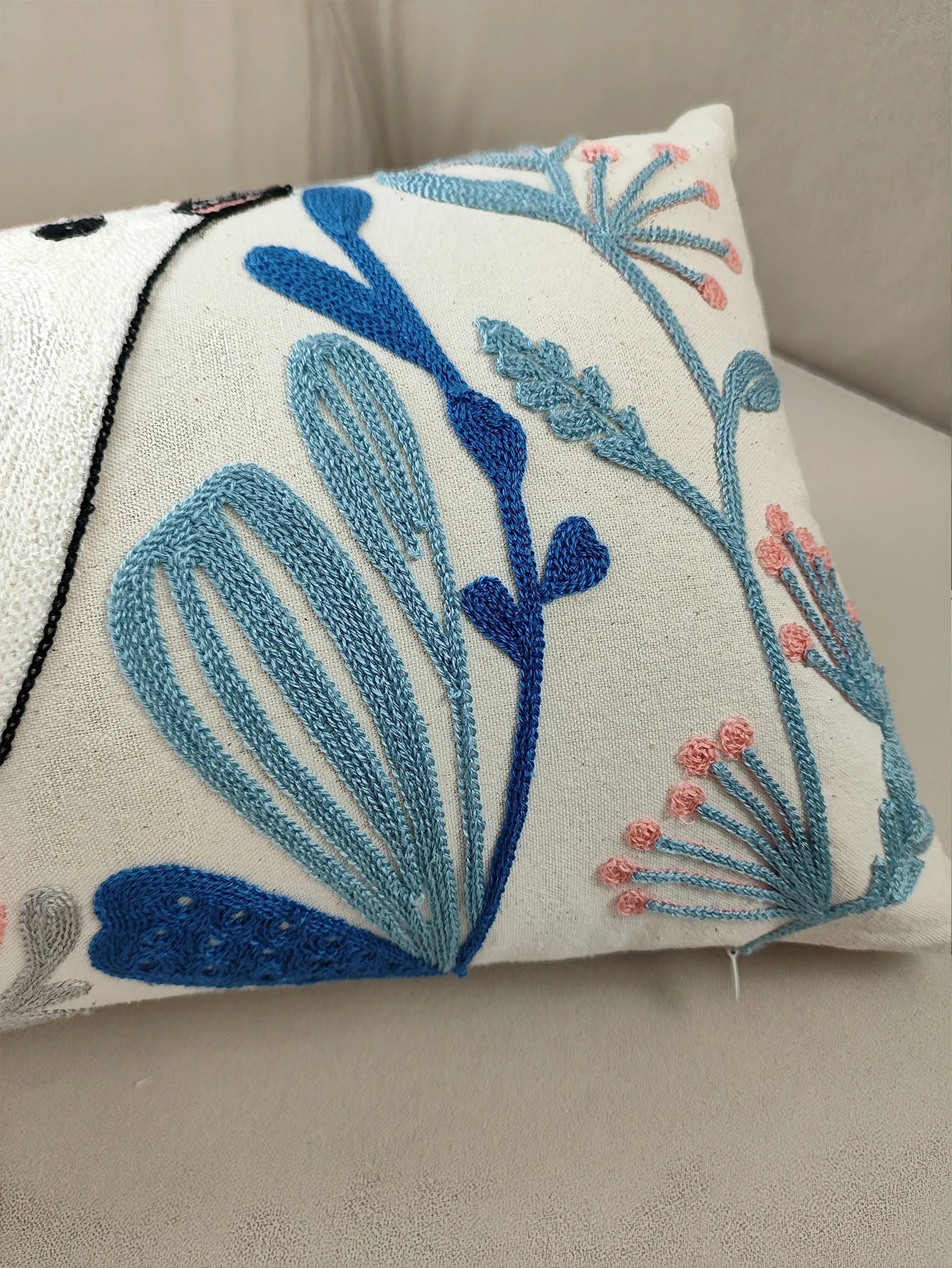 Luxury Embroidered Birds & Floral Pillow Cover – Boho Home Decor Cushion