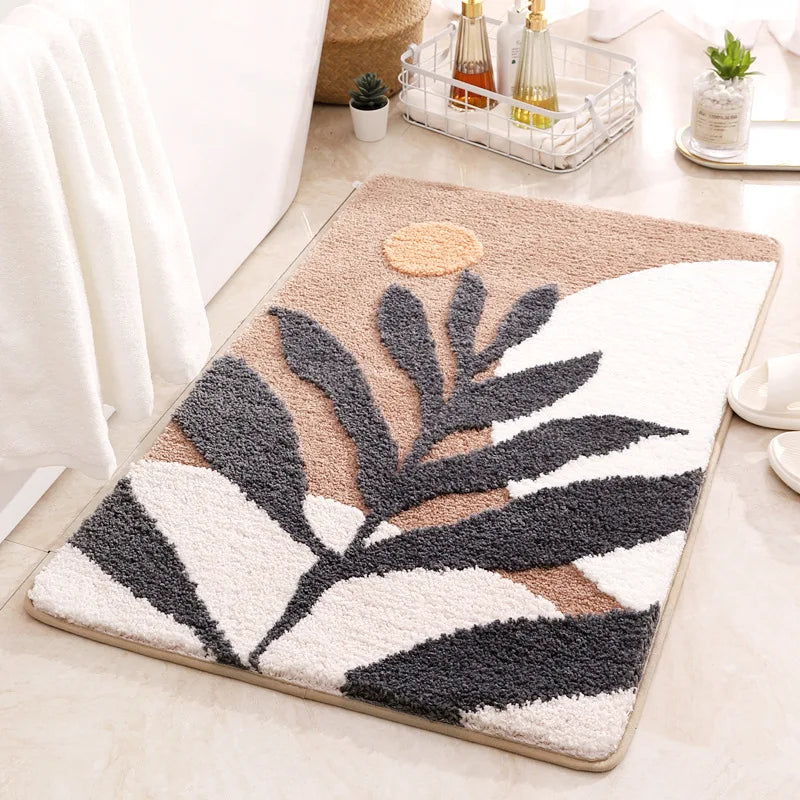 Boho Plant Art Non-Slip Bath Mat – Soft & Absorbent Bathroom Rug with Abstract Leaves