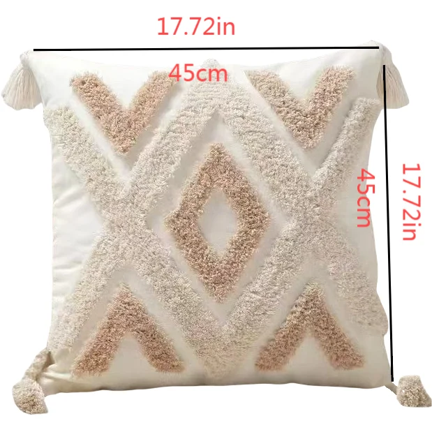 Decorative pillow with 'XO' pattern and measurements on a white background Nordic Bohemian geometric plush pillow cover with embroidered design and tassels, perfect for boho home decor on sofa, bed, or accent chair β cozy neutral cushion cover for living room or bedroom style