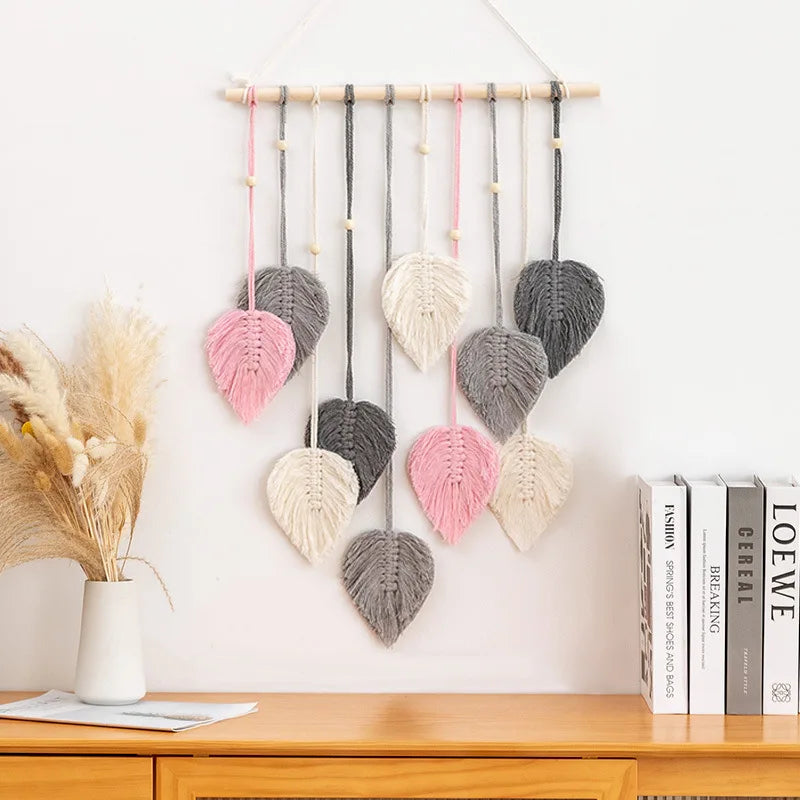 Boho Macrame Leaf Wall Hanging – Handwoven Tapestry with Wood Beads