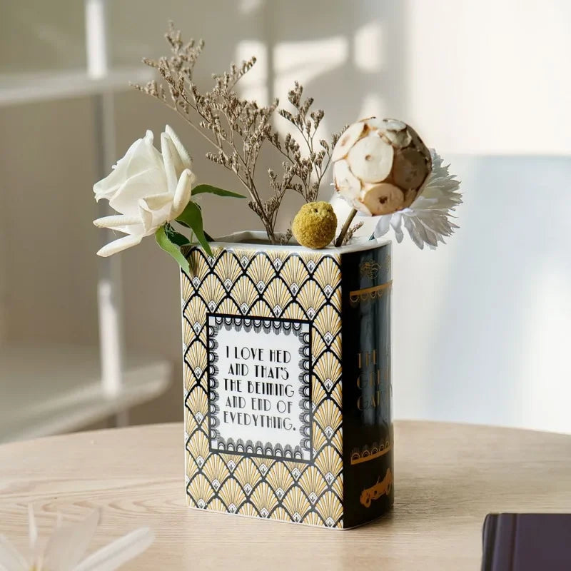 The Great Gatsby / Pride and Prejudice Square Painted Flowers Display Book Ceramic Vase Arrangement Art Decor Home Decoration Boho