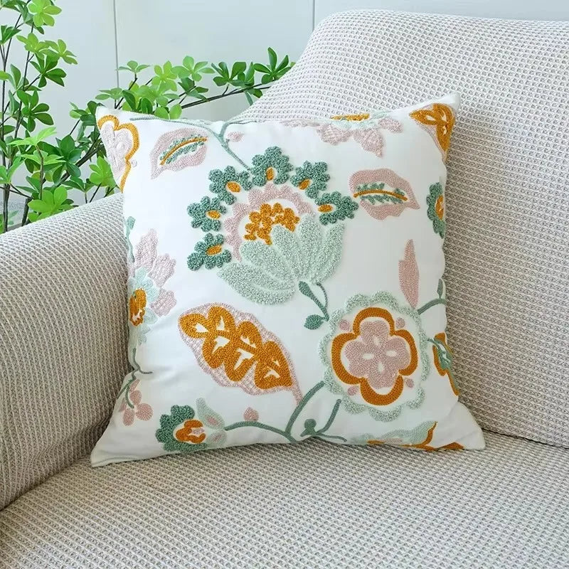 Embroidered Flower Throw Pillow Covers – Boho Cotton Cushion Covers for Bed, Sofa & Home Decor Housewarming Gift for Boho Lover