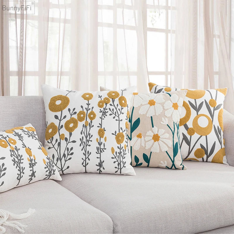Cozy Embroidered Throw Pillow Cover – Nordic-Inspired Boho Home Decor Accent Four Pillows on A Couch