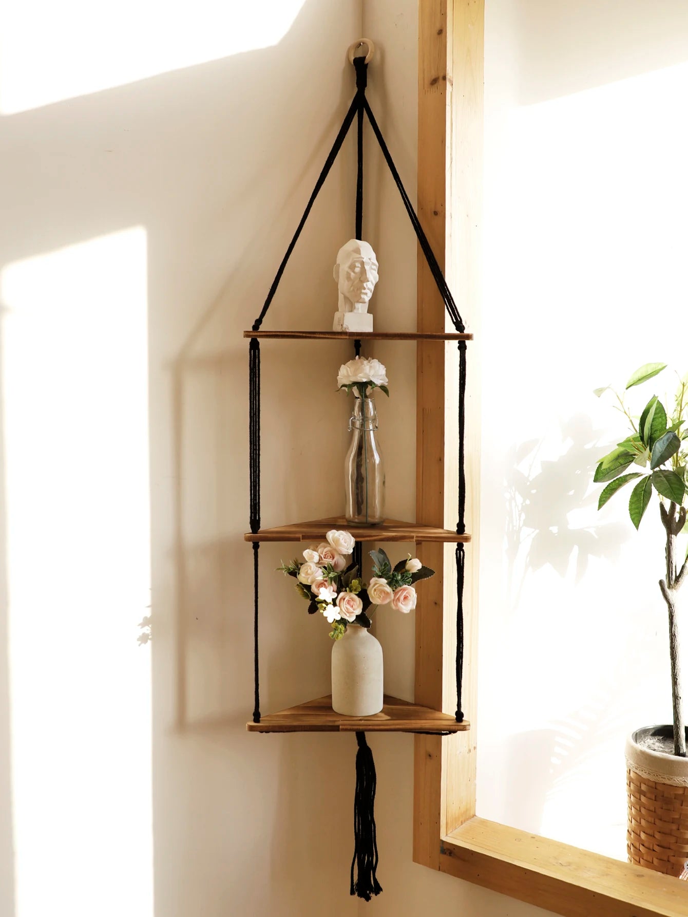 Boho Macrame Hanging Wooden Shelf – Handcrafted Floating Wall Shelf for Home Decor