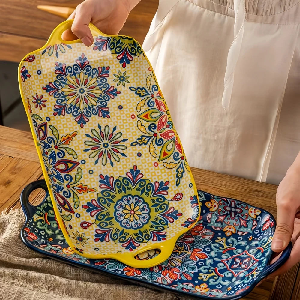 Boho Ceramic Fish Dish with Handle – Rectangular Serving Tray for Oven & Microwave