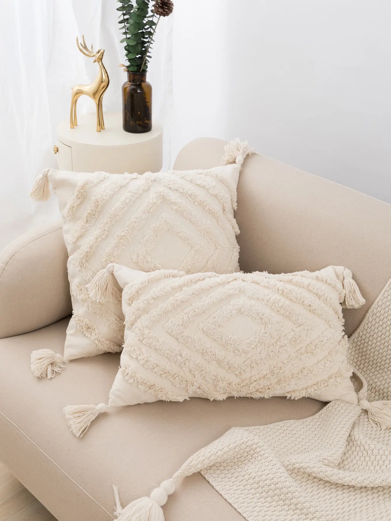 Beige Tufted Fringed Pillow Cover – Diamond Shaped Boho Home Decor Accent for Sofa, Bed & Living Room