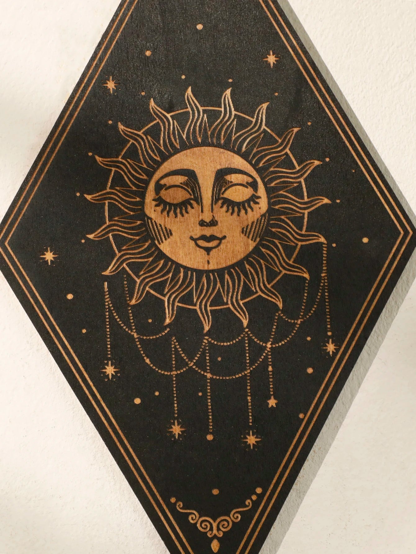 Decorative black card with a gold sun design on a white background boho home decor, wooden witchy wall hanging, moon phase wall art, gothic home decor, celestial wall pediment, snake wall hanging, sun and moon wall decor, spiritual home accents, mystical bedroom art, witchy housewarming gift