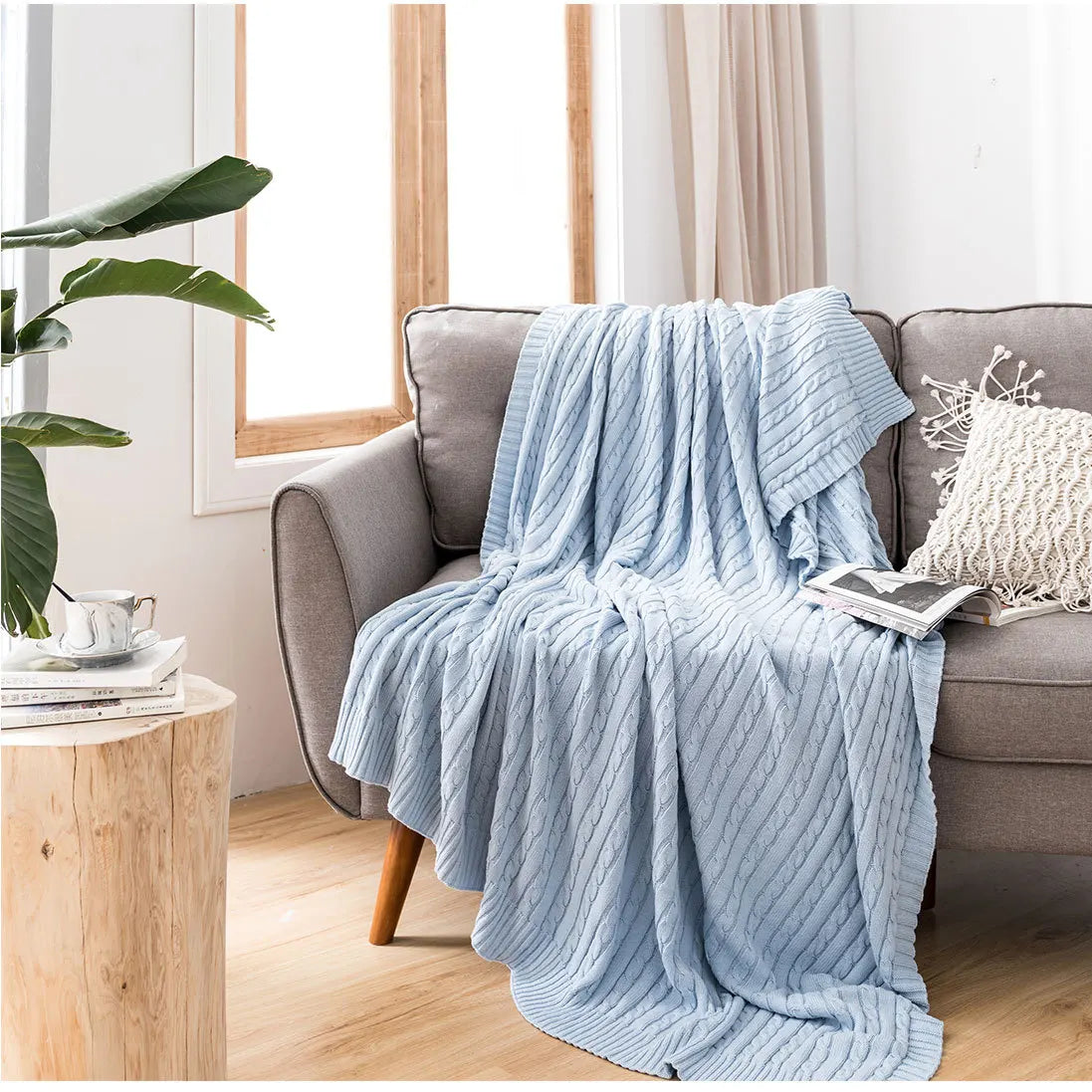 100% Cotton Cable Knit Throw Blanket – Soft & Breathable Boho Home Decor