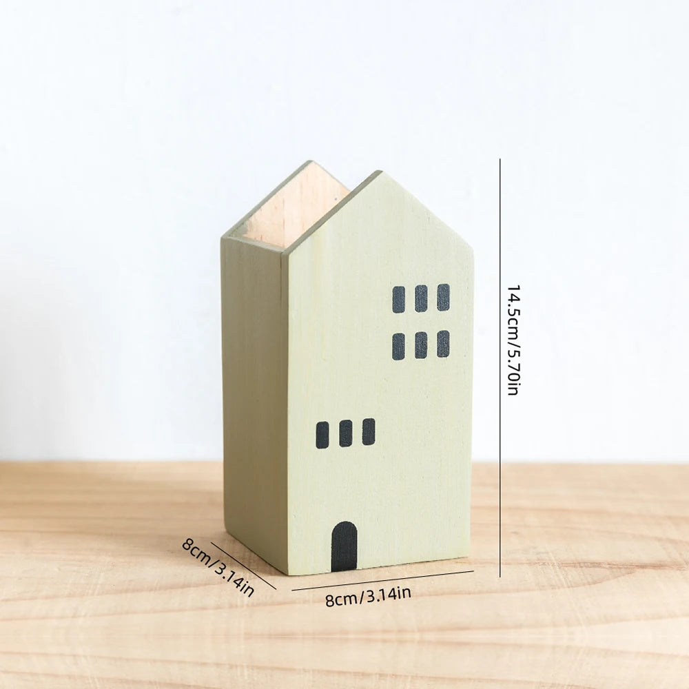 🏡 Boho Wooden Cartoon House Pen Holder – Handcrafted Desk Organizer for Office, Makeup & Home Decor