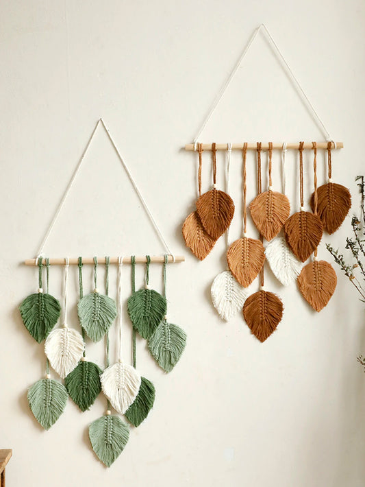 Leaf Macrame Wall Tapestry – Boho Cotton Wall Hanging in Green or Brown