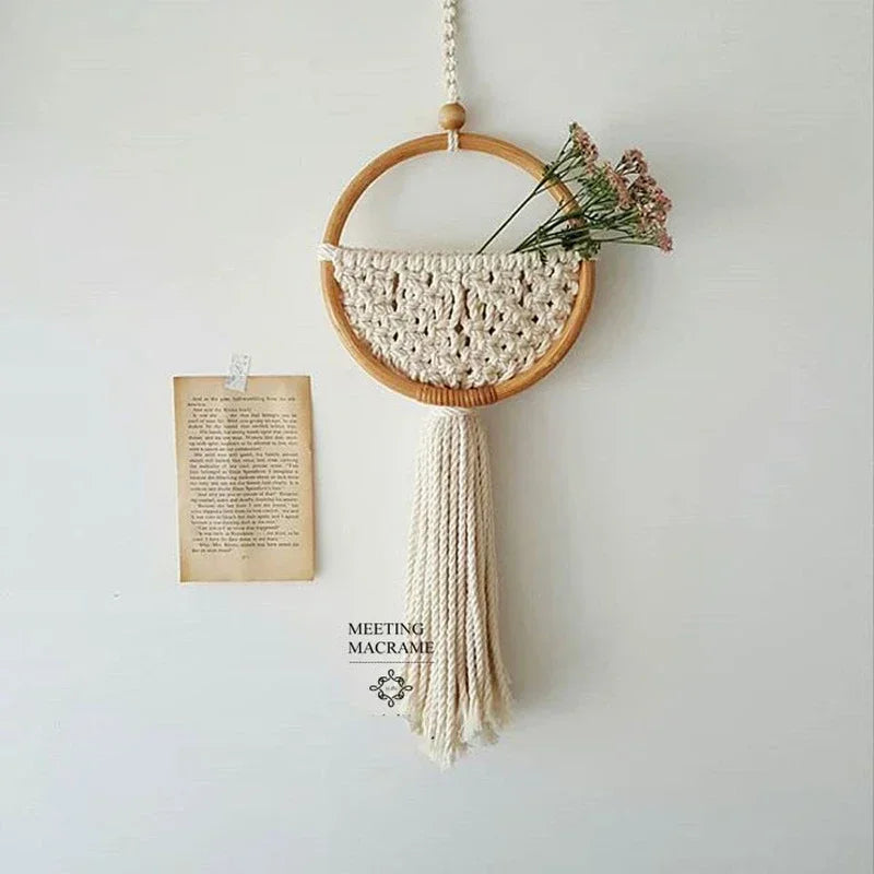 Boho Macrame Wall Hanging with Flower Pot Pocket – Handmade Nordic Round Wall Tapestry | Dorm Room & Home Decor