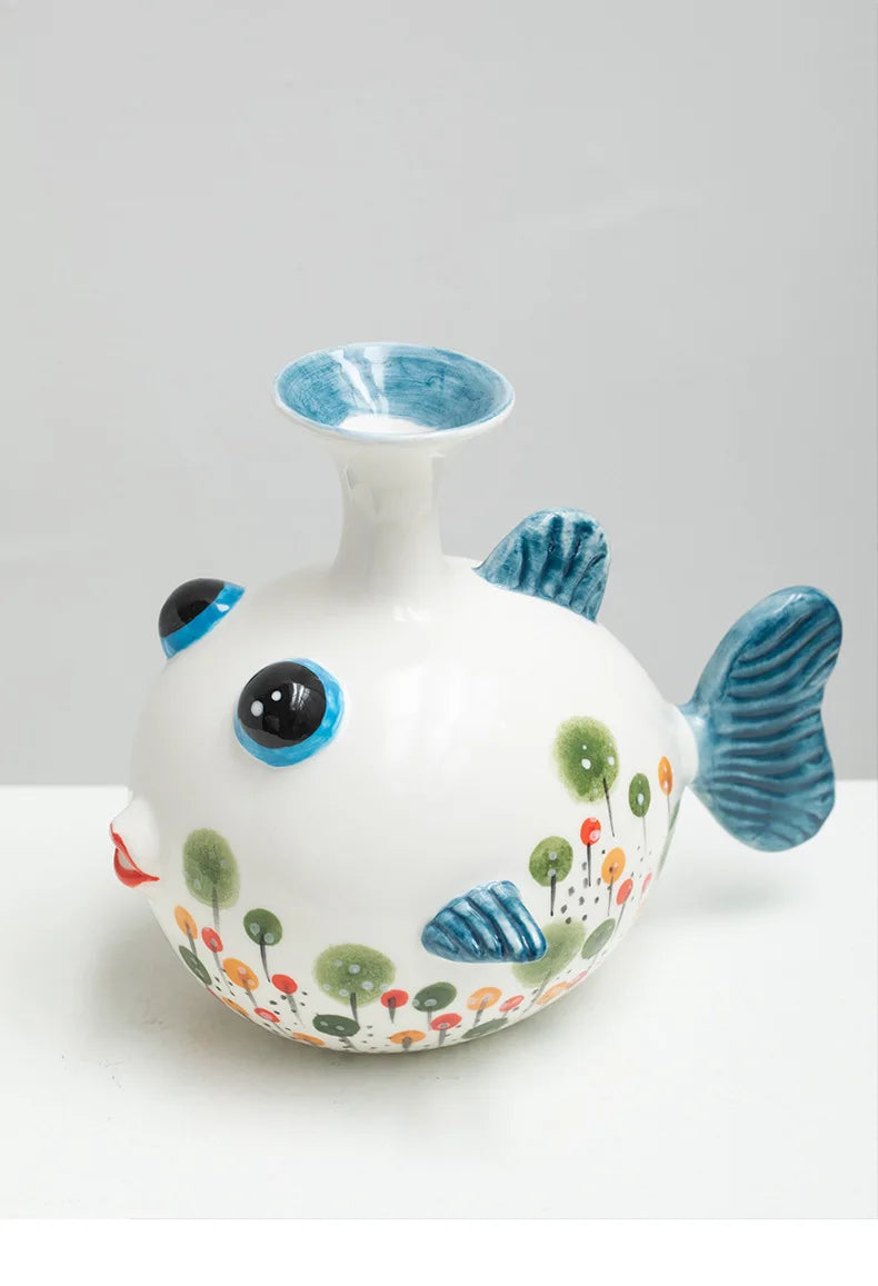 Hand-Painted Ceramic Fish Vase – Modern Boho Home Decor, Wavy Pattern, Colorful Cartoon Fish Flower Pot