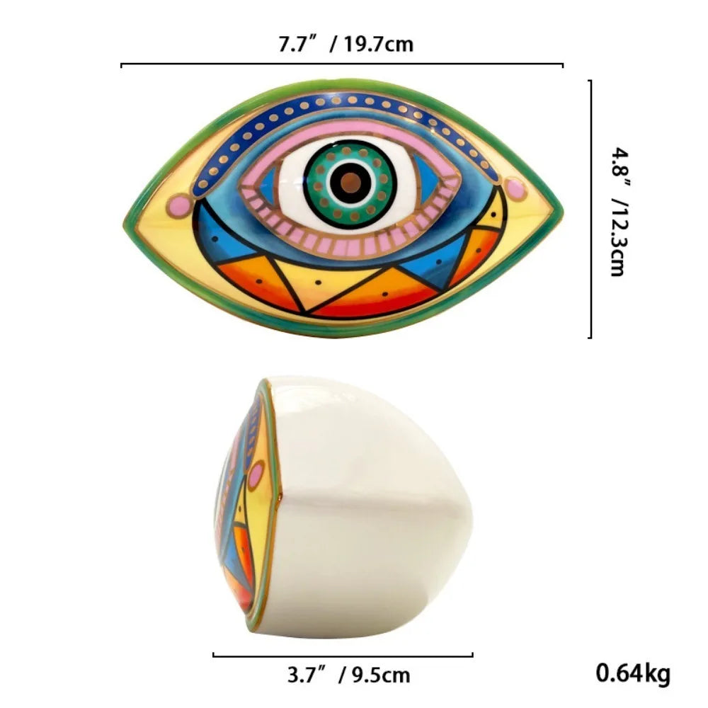 Moroccan Turkish blue evil eye ceramic figurine, unique bohemian home decor accent perfect for eclectic and boho home styles, adds soulful vibes and a cozy touch to any room, great for gifting as a boho home decor gift or housewarming present.