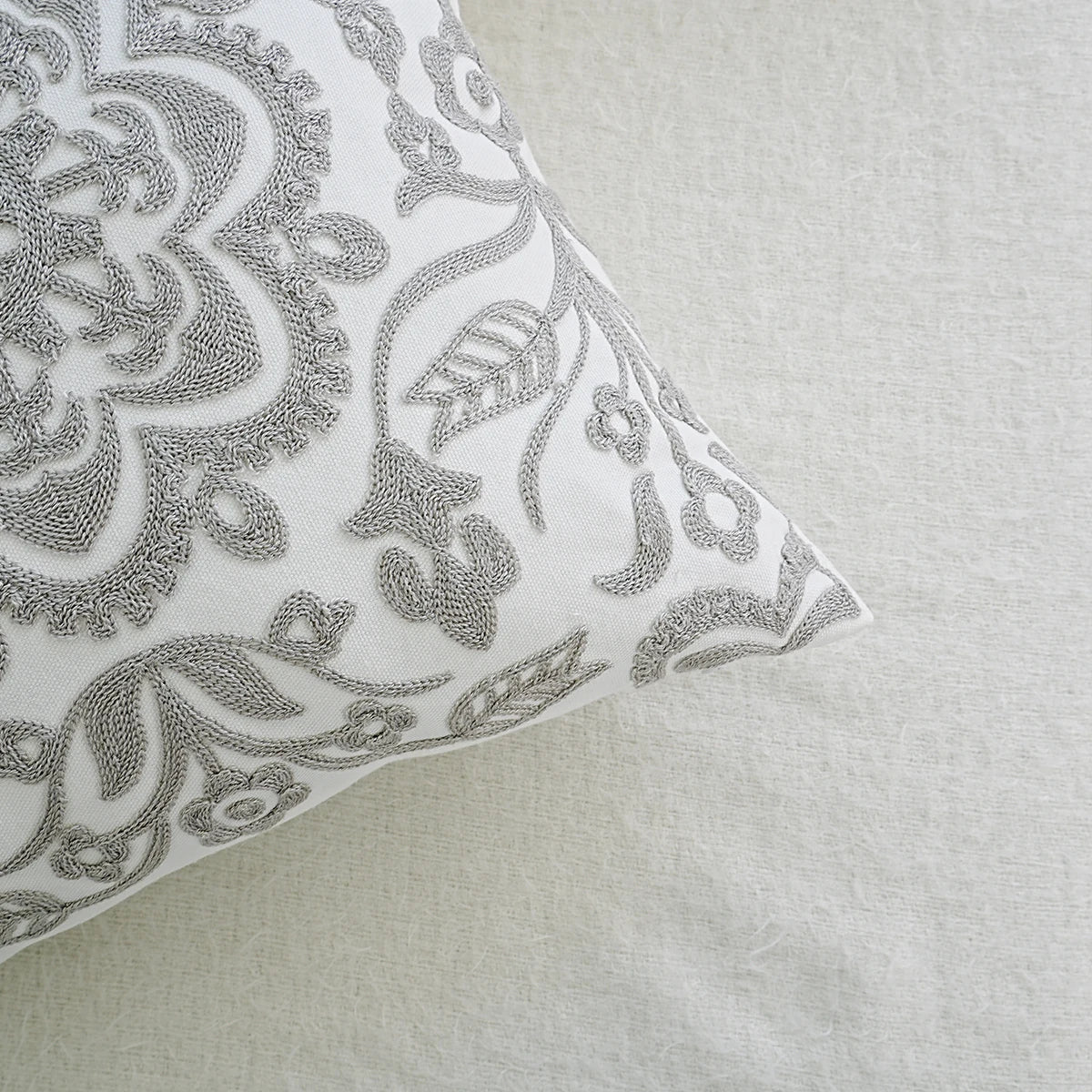 Gray Mandala Floral Embroidered Pillow Cover – Geometric Boho Home Decor Accent