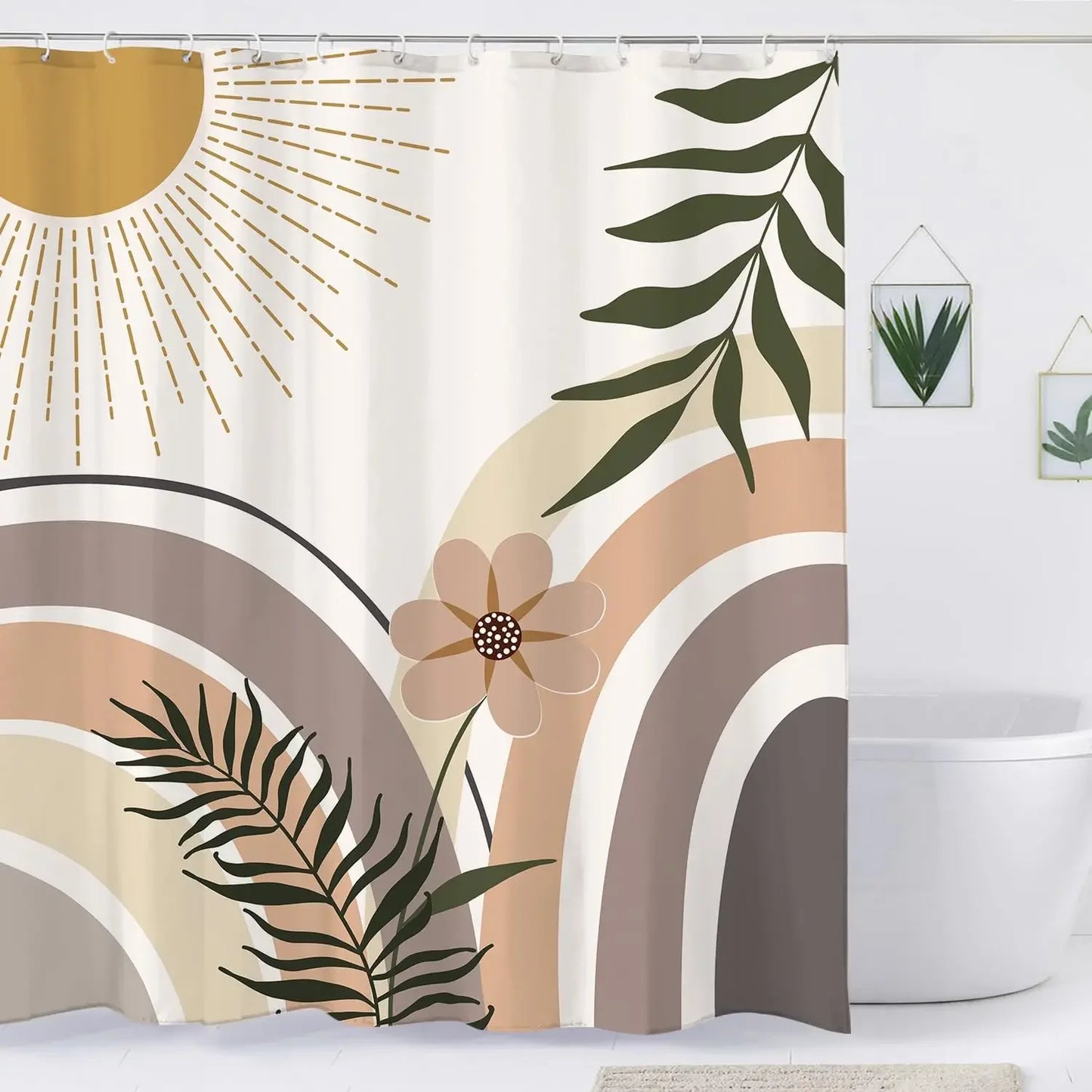 Abstract Bohemian Shower Curtain Arch Sun Moon Phases Boho Leaf Modern Minimalist aesthetic line geometric decorative Bathroom Home Decor Cat Leaves Mountains Outdoors