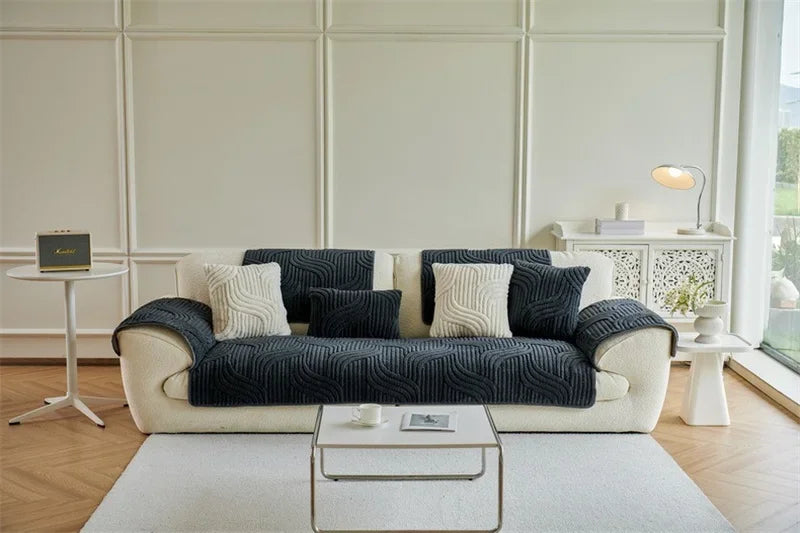 1PC Wave Striped Sofa Cover Solid Color Thicken Plush Sofa Towel Covers Non-slip Couch Slipcovers Sofa Mat for Living Room