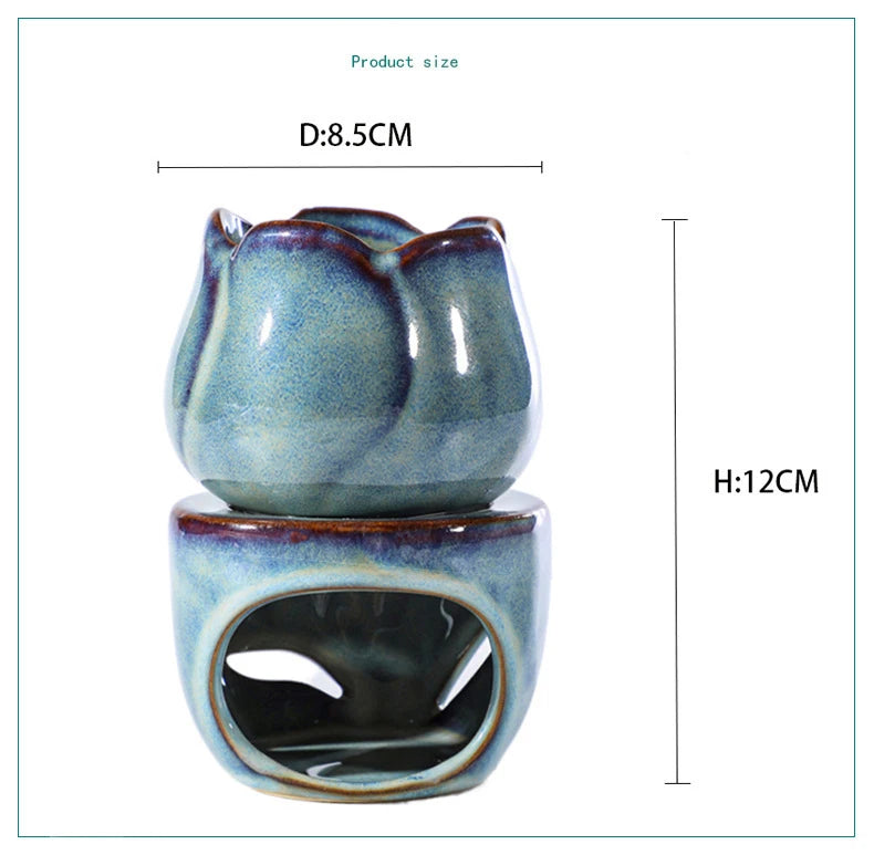 Ceramic oil burner with dimensions on a white background. tulip ceramic essential oil incense burner, candle-powered aroma diffuser for home fragrance and calming boho home décor