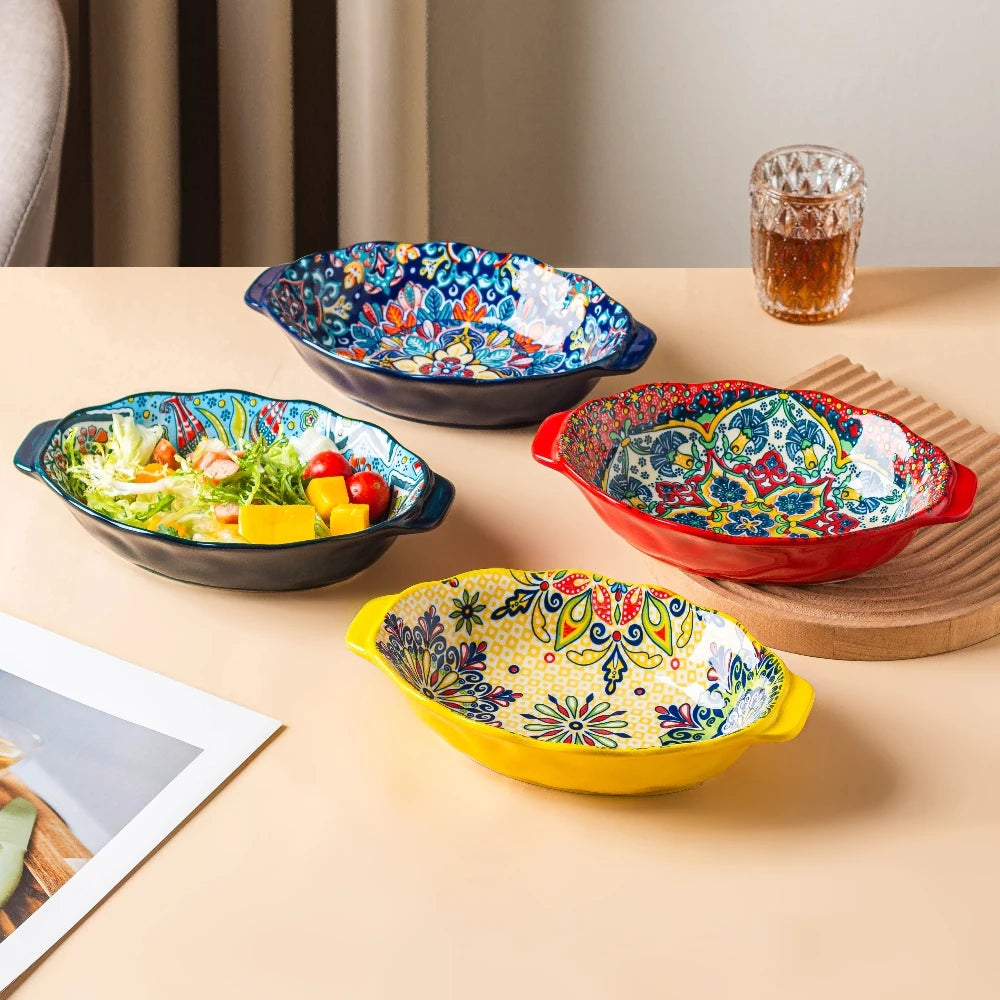 Bohemian Egg-Shaped Ceramic Baking Plate – 9" Colorful Oval Pasta, Salad & Fruit Dish