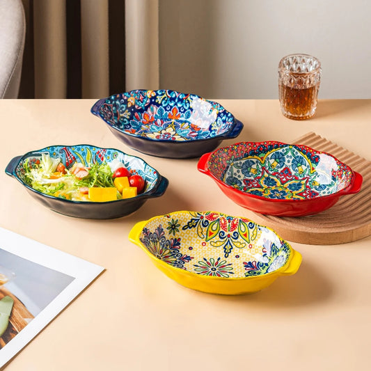 Bohemian Egg-Shaped Ceramic Baking Plate – 9" Colorful Oval Pasta, Salad & Fruit Dish