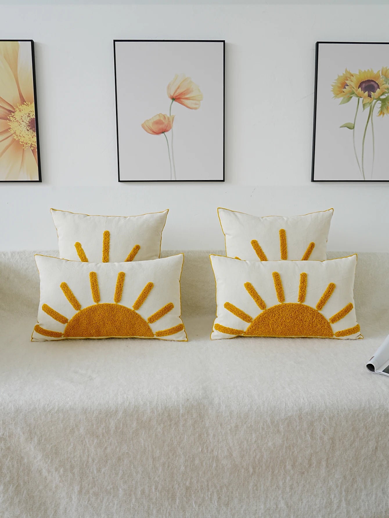 Boho Home Decor Yellow Sun Tufted Embroidered Pillowcase – Decorative Throw Pillow Cover For Living Room