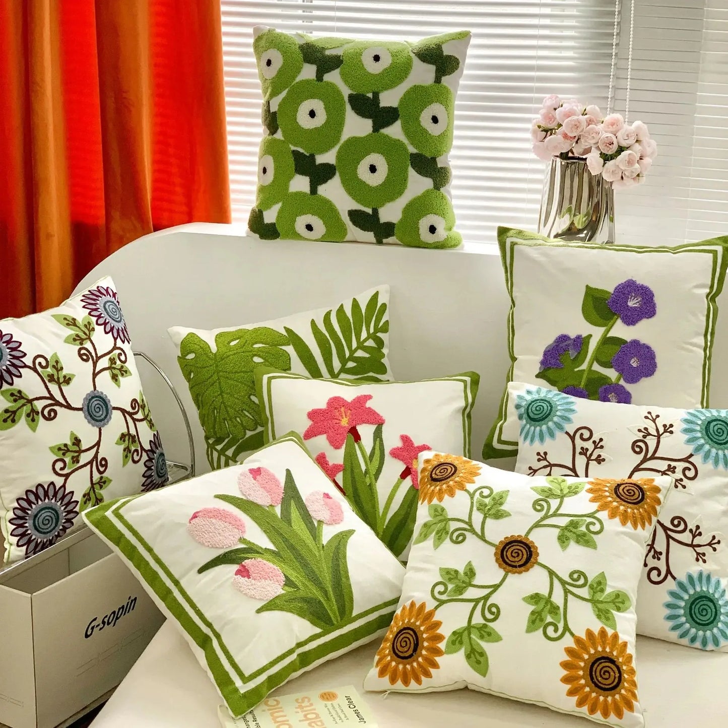 Flower Embroidered Plush Throw Pillow Cover – Minimalist Boho Cushion for Sofa, Bed, or Chair | 18x18 Inch | Garden-Inspired Housewarming Gift