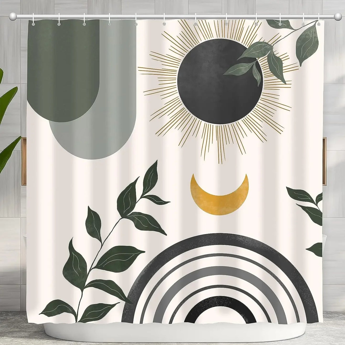 Abstract Bohemian Shower Curtain Arch Sun Moon Phases Boho Leaf Modern Minimalist aesthetic line geometric decorative Bathroom Home Decor Cat Leaves Mountains Outdoors