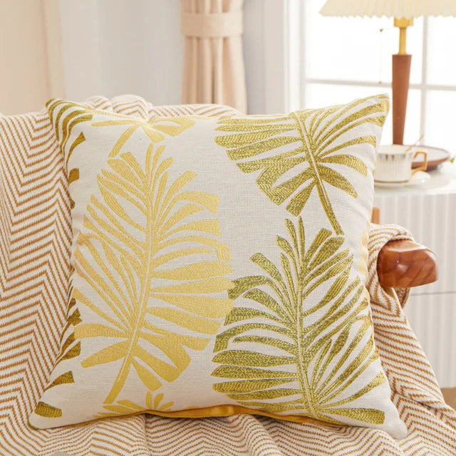 Yellow Bay Leaf Cushion Cover – Square Decorative Throw Pillow Case for Boho Home Decor