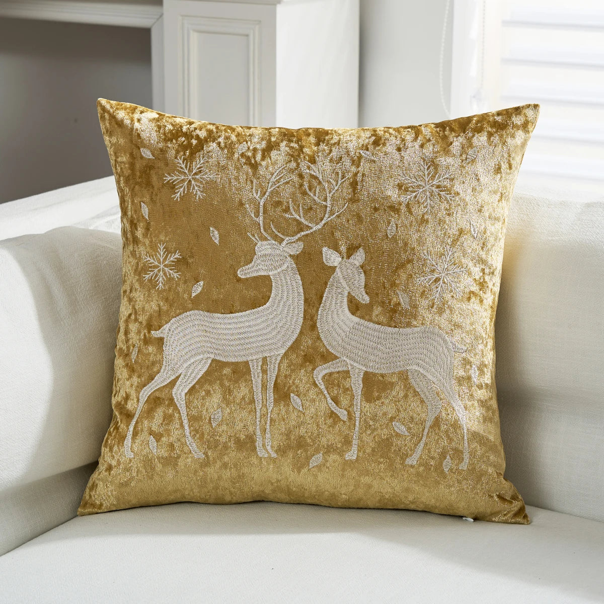 Decorative pillow with deer design on a couch. Christmas embroidered pillow cover in gold, 18x18 inch festive cushion case for sofa, bed, or holiday home décor. Christmas Gift Ideas
