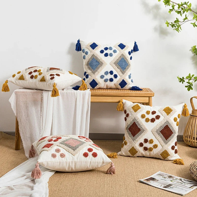 Boho Loop Tufted Cushion Cover – Handmade Cotton Canvas Pillow with Tassels & Embroidery