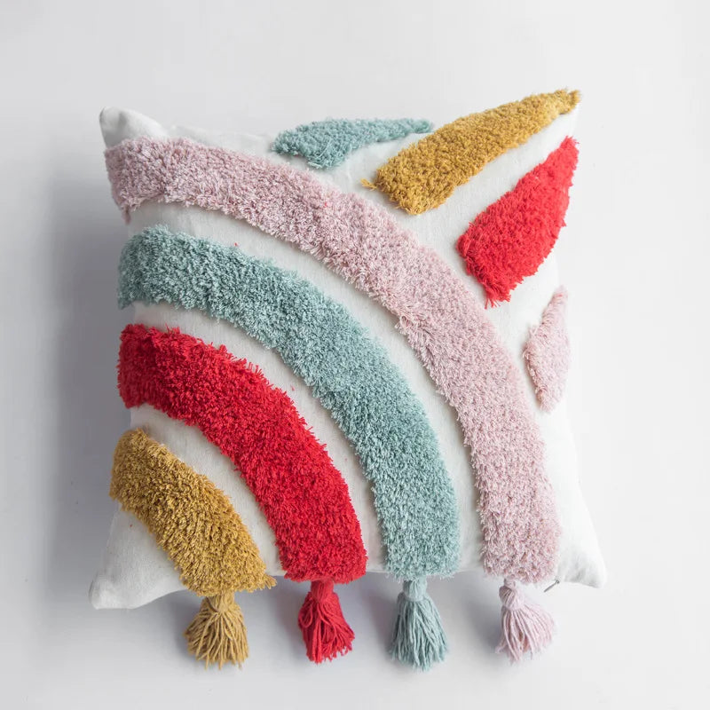 Vibrant Tufted Geometric Nature Embroidered Cushion Cover – Boho Patchwork Throw Pillow